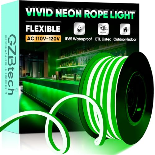GZBtech Flexible LED Neon Rope Lights 16.4FT, 110-120V Waterproof Strip Light,120 LEDs/M Cuttable Connectable Neon Lighting for Indoor Outdoor Home Decor/Commercial Building Use-Green 5M, ETL Listed - color: Green, size: 16.4FT