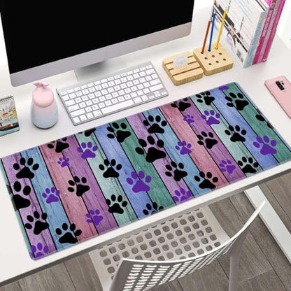 Dog Paw Desk Mat Black and Purple Large Extended Mouse Pad XL Desk Pad Gaming Mousepad Keyboard Mouse Mat for Computer Laptop 31.5''X11.8'' Non-Slip Rubber Base with Stitched Edges - color: Black and Purple Dog Paw