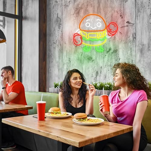 Boxing Hamburger Neon Sign Dimmable Food Burger Neon Light Hamburg Boxing Led Light Sign for Wall Decor Business Restaurant Bar Party Snack(12.6 * 14.96In) - style: Boxing Hamburger