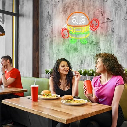 Boxing Hamburger Neon Sign Dimmable Food Burger Neon Light Hamburg Boxing Led Light Sign for Wall Decor Business Restaurant Bar Party Snack(12.6 * 14.96In) - style: Boxing Hamburger