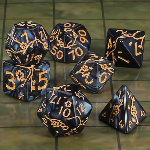 CiaraQ 7pcs Polyhedral Dice Set for Dungeon and Dragons MTG Table Games | Acrylic Role Playing Dice for D&D with Black Velvet Bag – Black Pearl with Gold Numbers & Patterns - color: Black and Gold Floral Dice
