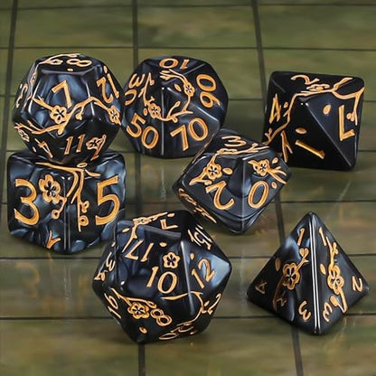 CiaraQ 7pcs Polyhedral Dice Set for Dungeon and Dragons MTG Table Games | Acrylic Role Playing Dice for D&D with Black Velvet Bag – Black Pearl with Gold Numbers & Patterns - color: Black and Gold Floral Dice