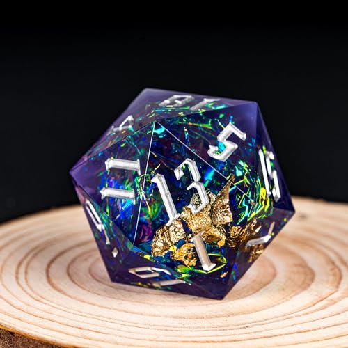 Cusdie Single D20 DND Dice with Sharp Edges and Glitter Foil Inclusions, 20 Sided D&D Dice, 33mm Handcrafted Polyhedral Dice, for Role Playing Game (Purple Blue) - color: Purple Blue
