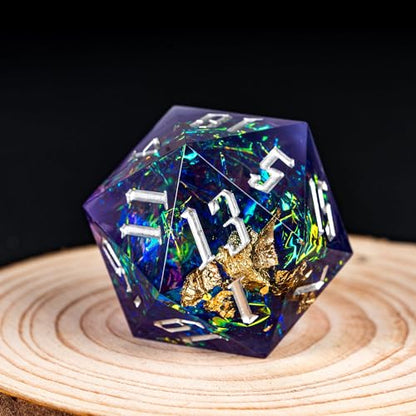 Cusdie Single D20 DND Dice with Sharp Edges and Glitter Foil Inclusions, 20 Sided D&D Dice, 33mm Handcrafted Polyhedral Dice, for Role Playing Game (Purple Blue) - color: Purple Blue