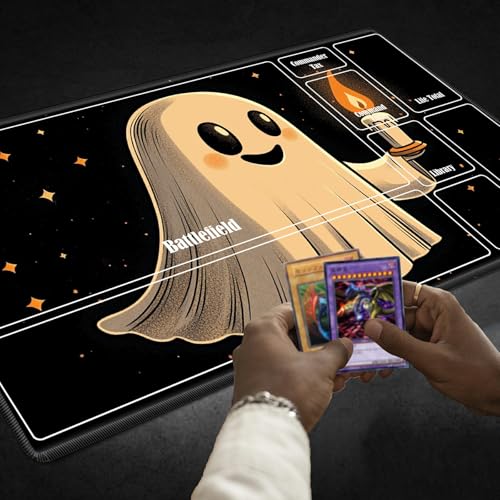 MTG Playmat with Zones, TCG Card Game Play Mat with Stitched Edges, Non-Slip Rubber Base Gaming Desk Mat, Smooth Surface 24 x 14 Inch, Halloween Ghost Candles - color: Halloween Ghost Candles, size: Zone 1