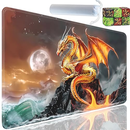 Playmat for MTG, 24x14 Inches Playmats, for TCG and CCG Trading Card Game Mat, Non-Slip Rubber for MTG Playmats with A Storage Bag and 6 Dice Set, Fire Dragon 2 Pattern - color: Yu-Playmat-1-E123