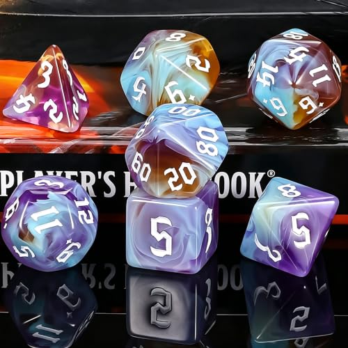 QMAY DND Dice Set -D&D Polyhedral Dice (7pcs) for Dungeons and Dragons (Water Blue and Purple) - color: Water Blue and Purple
