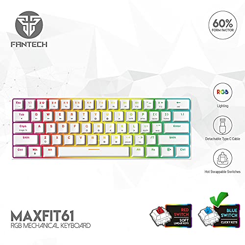 FANTECH Maxfit61 60% Mechanical Keyboard - Hot Swappable Blue Switch, White - color: BlueSW(Clicky)-White