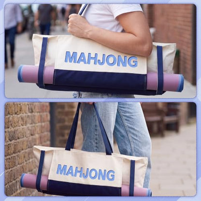 Abbylike 28x9 Inches Mahjong Bag for Rolled Mat Tiles Racks Pushers Accessories Empty Mahjong Tote Bag with Zipper Closure Outer Pockets Lining Large Capacity(Beige&Navy Blue,Canvas) - color: Beige&navy Blue