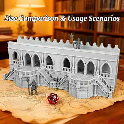 25mm Scale Unpainted RPG Building Straight Walls & Balcony, Modular Medieval Fortress Ramparts with Stairs -2-Piece TTRPG Terrain Set for Dungeon Masters & Wargame - City Walls 2 (AF1104 F) - color: Af1104 F City Walls 2