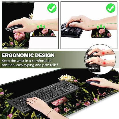 ARTSO Gaming Mouse Pad Wrist Support Set, XXL Large Desk Mat Mousepad + Keyboard Wrist Support+ Mouse Wrist Rest+Coaster 4in1 Ergonomic, Stitched Edge for Home Office -Flowers and Butterflies - color: Flowers and Butterflies
