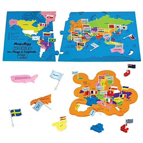 Imagimake Mapology World Map Puzzle - Includes Country Flags & Capitals | Fun Jigsaw Puzzle Kids Ages 5-8 | Educational Toys for Ages 8-13 | Geography Gifts for Girls & Boys 5, 6, 7, 8, 9, 10, 11, 12 - style: World with Capitals