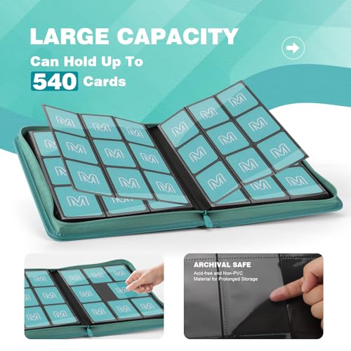 Trading Card Binder with 9 Side Loading Pocket Card Album Hold Up to 540 Cards PU Card Collection Binder, Collectible Albums Card Folder for MTG, TCG, Sports Cards（9-Cyan） - color: 9-Cyan