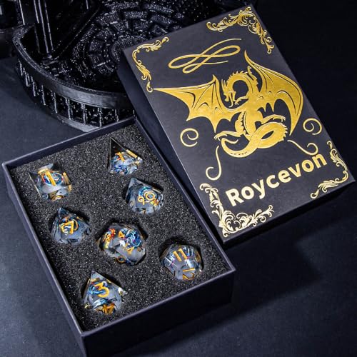Roycevon Dragon Pattern Liquid Core DND Dice Set, 7Pcs Sharp Edge D&D Dice with Gift Box, Resin White Dungeons Dragons D and D Role Playing Dice D20 D12 D10 D8 D6 D4 - color: White Gold