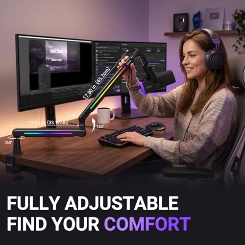 FIFINE BM88Pro RGB Low Profile Microphone Boom Arm for Gaming Streaming | Adjustable Mic Stand, Controllable RGB, Desk Mount Clamp, Cable Management, Screw Adapter - color: black