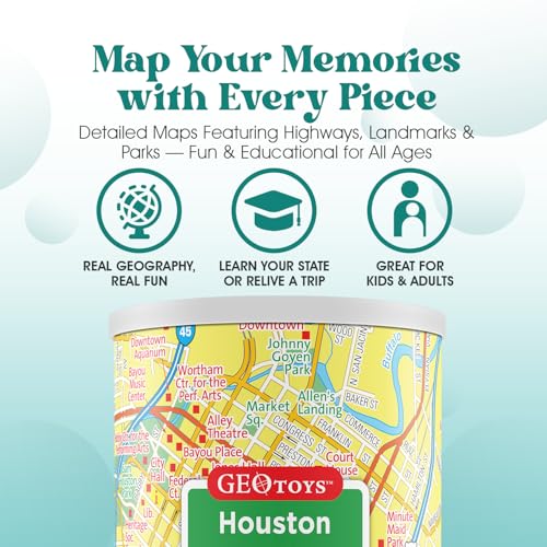 Geotoys Houston Mini City Puzzle - 100 Piece Puzzles for Kids and Adults in Portable Can, 13" x 10" Educational Travel Puzzle for Ages 7 and Up - Mini Puzzles to Learn & Explore Geography - style: Houston