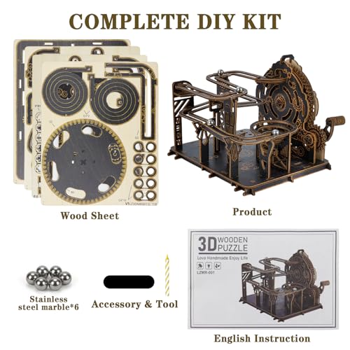 3D Wooden Puzzles for Adults, Mechanical Marble Run Model Kits to Build, DIY Wooden Puzzle with 6 Steel Marbles, Unique Birthday Gifts for Women Men - color: Darkwood Golden Wheel