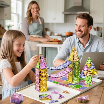 Clear Crystal Glitter Magnetic Tiles: Diamond Building Blocks for Kids | 60PCS Metal Storage Box, Compatible With Most Tile Sets, Strong Magnets, Ages 4-8, 60+ Mins Play Travel & Home Fun - style: Medium Magnetic Tiles - 60PCS