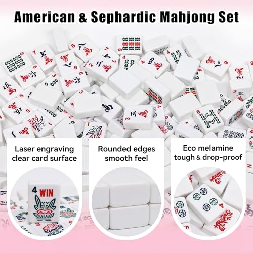 American Mahjong Tile Set, 166 Tiles & Carrying Bag & 3 Dices, White | 1.2-Inch Engraved Tiles, Melamine, Durable, Portable Mah jongg Set for Travel, Family Game Nights, and Gifting - color: White