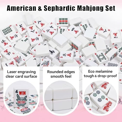 American Mahjong Tile Set, 166 Tiles & Carrying Bag & 3 Dices, White | 1.2-Inch Engraved Tiles, Melamine, Durable, Portable Mah jongg Set for Travel, Family Game Nights, and Gifting - color: White