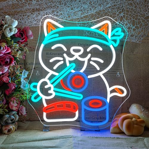 Lucky Sushi Cat Neon Light Eat Food Wall Light for Ramen Restaurants Decor | 13.8in*12.6in,USB powered,Five level brightness adjustment,For Ramen Restaurants,Kitchen Home Party,Snack,Bar,Club,Home - color: Sushi Cat