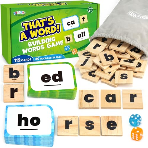 BenBen Family Spelling Games with 112 Flash Cards & Wooden Letter Tiles, CVC Sight Word Building Phonics Game for Kids Ages 4+ & Adults, 1–4 Players, Learning Toys for Home or Classroom