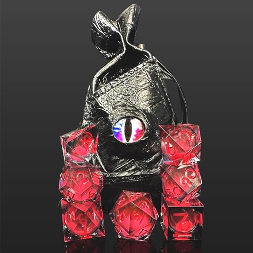 HAOMEJA Glowing Quicksand Resin Dice Set DND 7 Pcs D&D Resin Sharp Edge Role Playing Dice with Dragon Eye Bag, Polyhedral Dungeons and Dragons Dice D20 D12 D10 D100(00-90) D8 D6 D4 (Black & Red) - color: Glowing Red & Black