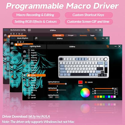 AULA S75 PRO Wireless Mechanical Keyboard with Screen&Knob, Tri-Mode Hot Swappable Gaming Keyboard 75%, Pre-lubed Switches, RGB Backlit, Side Printed PBT Keycaps, Creamy Sounding Pink Keyboards - color: Gradient Pink