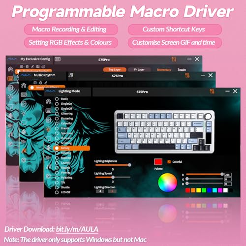AULA S75 PRO Wireless Mechanical Keyboard with Screen&Knob, Tri-Mode Hot Swappable Gaming Keyboard 75%, Pre-lubed Switches, RGB Backlit, Side Printed PBT Keycaps, Creamy Sounding Pink Keyboards - color: Gradient Pink