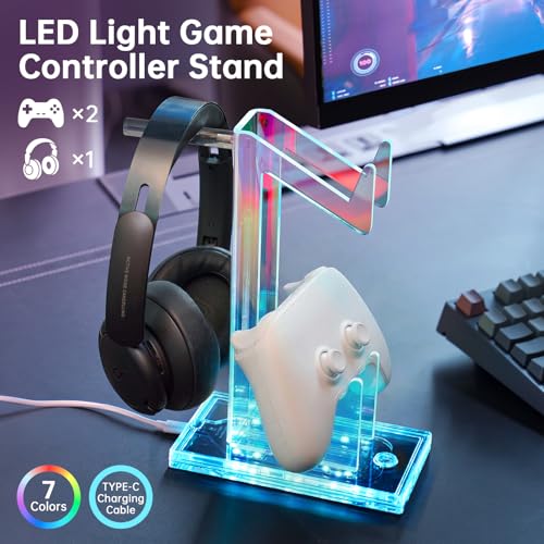 NiHome Controller Holder & Headphone Stand, LED Acrylic 2-Tier Gaming Desk | USB-Powered 7 Colors 3 Modes, Anti-Slip Headset Cable Management, Gamer Gift For PS5 Xbox - size: 2-Tier