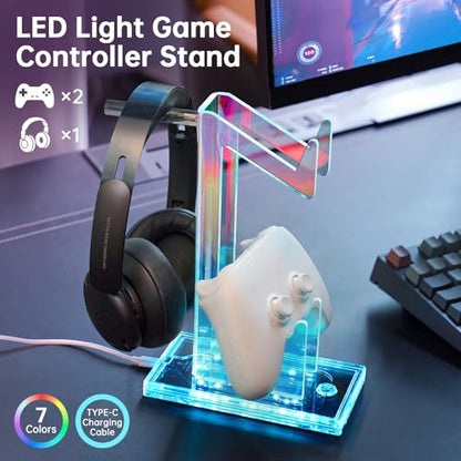 NiHome Controller Holder & Headphone Stand, LED Acrylic 2-Tier Gaming Desk | USB-Powered 7 Colors 3 Modes, Anti-Slip Headset Cable Management, Gamer Gift For PS5 Xbox - size: 2-Tier