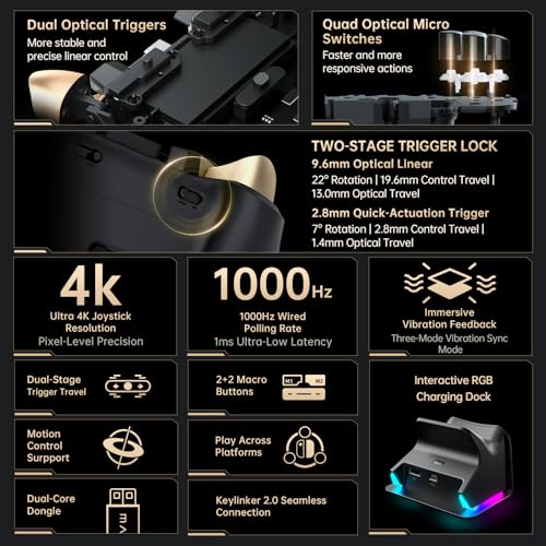 Machenike G5Pro V2 1000HZ Wireless Gaming Controller for NS/PC/iOS/Android with Charging Dock,PC Controller With Hot-Swappable Joystick,Optical Triggers,Optical Micro Switches,RGB Backlight, Black Gold - color: Black Gold