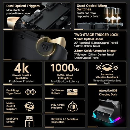Machenike G5Pro V2 1000HZ Wireless Gaming Controller for NS/PC/iOS/Android with Charging Dock,PC Controller With Hot-Swappable Joystick,Optical Triggers,Optical Micro Switches,RGB Backlight, Black Gold - color: Black Gold