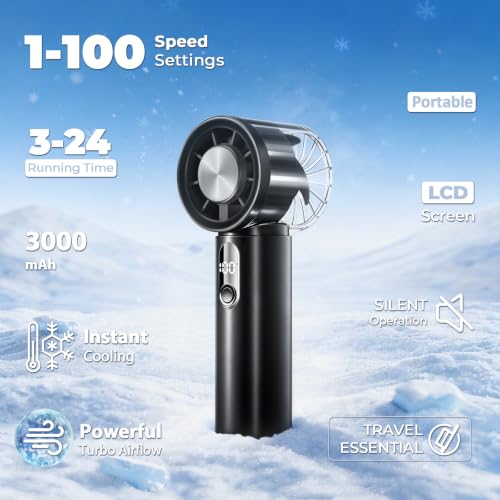 Portable Handheld Small Turbo Fan with Ice Cooling, Black | 5 Gear Strong Airflow, LED Display, 3000mAh Rechargeable Battery, 20000 RPM Powerful, Up to 12 Hrs,for Travel,Outdoor, Makeup - color: Black