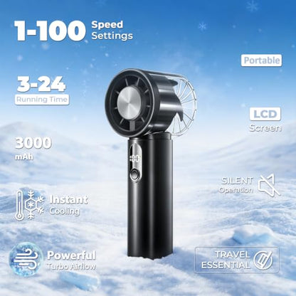 Portable Handheld Small Turbo Fan with Ice Cooling, Black | 5 Gear Strong Airflow, LED Display, 3000mAh Rechargeable Battery, 20000 RPM Powerful, Up to 12 Hrs,for Travel,Outdoor, Makeup - color: Black