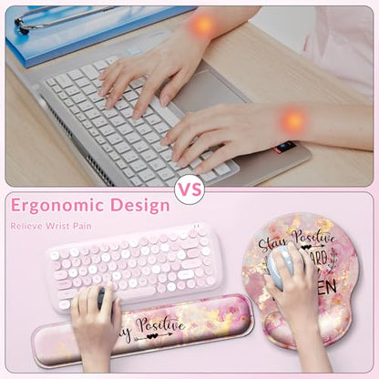 Desk Mat Set Keyboard and Mouse Pad with Wrist Rest Support | Ergonomic,Pain Relief, 4-in-1 Large Big Mousepad Computer Mats,Desk Pad Matt Mats for Desktop Home & Office - color: C1-Pink Stay Positive