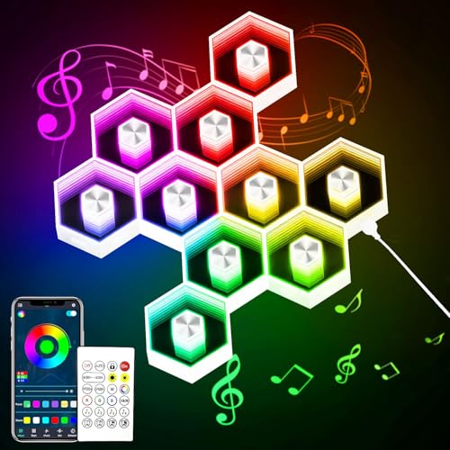 10 Pack Hexagon Lights Wall Panel | Hexagonal Led Lights Room Decor Wall Lights，Smart APP Music Sync Honeycomb Shape Panels Hexagon for Gaming Lights Decor - color: Multicolor