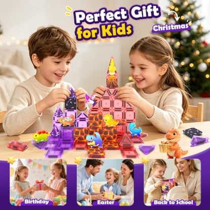Mini Magnetic Tiles Dinosaur Volcano Set, Magnetic Blocks with 6 Dinosaurs | Road Trip Essentials for Car & Airplane Magnet Tiles STEM Construction Building Toys, Gifts & Toys for Boys Girls Ages 3-12 - size: Dinosaur Set