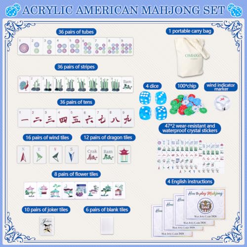 160 Acrylic American Mahjong Tile Set for Beginners, Mah Jong Lovers | 1.2” Mahjong Set with Carrying Bag and Accessories, 2026 New Premium Blue Tiles, 3D Engraved 4 Layer Mahjong Tiles - color: Blue