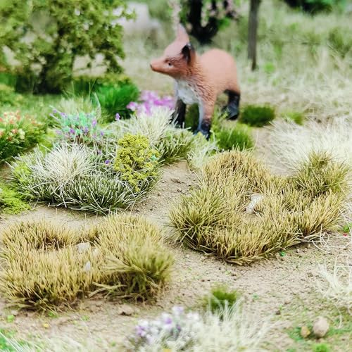 Static Grass Tufts Mat – 8 Peel-and-Play Pre-Cut Patches, Self-Adhesive Turf in Mixed Irregular Shapes for Diorama, Model Railway & Wargaming Terrain (1 Sheet) (Winter Yellow) - color: Winter Yellow
