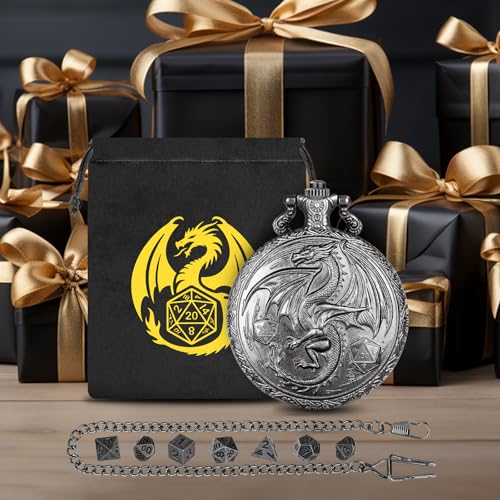 Mini DND Dice Set, Steampunk Winged Dragon Pocket Watch Shell Case, 7-Piece Polyhedral Metal D&D Dice, DND Gift Bag with Dragon Logo, Role Play Board Game Accessories, Dark Silver - color: Dark Silver