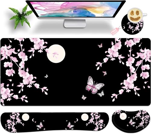 Large Gaming Mouse Pad Set 35.4 x 15.7 with Keyboard Wrist Rest, Wrist Support, and Coaster Memory Foam Smooth Desk Pad Mousepad for Home Office School - Cherry Blossom Moon - color: Cherry Blossom Moon, size: 35.4" x 15.7" x 0.12" (Set of 4 Items)