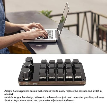 15 Key Programmable Macro Keyboard, Hot Swappable Blue Switch One Handed Mechanical Keypad with 3 Knobs, for Graphic Design