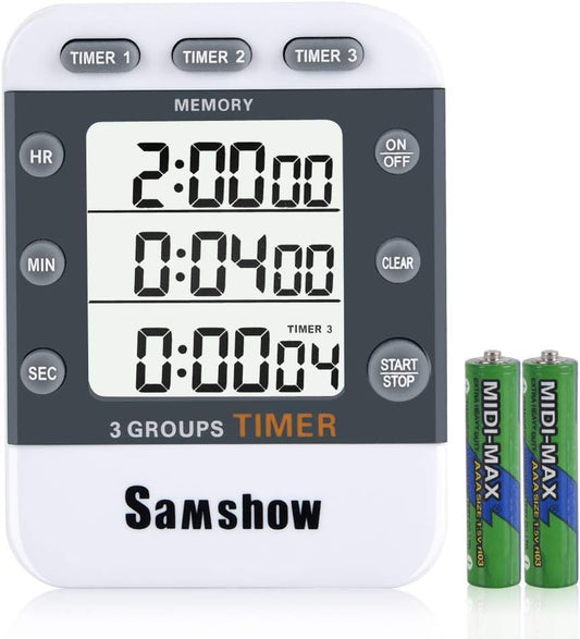 Samshow Digital Kitchen Timer, 3 Channels | Count UP/Down, Large Display, Adjustable Volume Alarm, Magnetic Back, Stand, Battery Included - color: 382 White