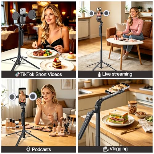 Tripod for iPhone Vlogging Kit with Mic, Content Creator Essentials | 71" Auto face tracking phone stand with light, Microphone and remote. Made for YouTube, TikTok, live streaming