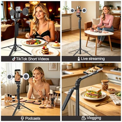 Tripod for iPhone Vlogging Kit with Mic, Content Creator Essentials | 71" Auto face tracking phone stand with light, Microphone and remote. Made for YouTube, TikTok, live streaming
