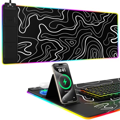 Mouse Pad with Phone Holder, Wireless Charging Desk Mat, RGB Gaming Mousepad Home Office Large Desk Pad with Ultra-Smooth Surface, Non-Slip Base, Waterproof Keyboard Pad,Topographic Black - color: 31.5x15.75"Phone Stand-Topographic