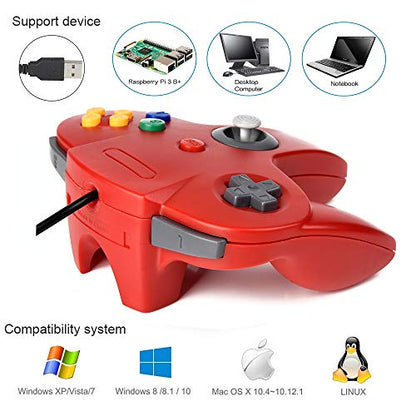 KIWITATA 2 Pack Classic N64 USB Controller, Retro N64 Wired Remote PC Emulator Game Controller Joystick for Windows PC & Mac Raspberry Pi Red - color: Red