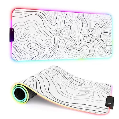 ITNRSIIET RGB Gaming Mouse Pad, Full Desk XL Extended Large Gaming Mousepad, 12 Lighting Modes 30% Thicker Big LED Desk Mat for Gamers, 32 x 12 inches, Topographic Contour White - color: Topographic Contour White