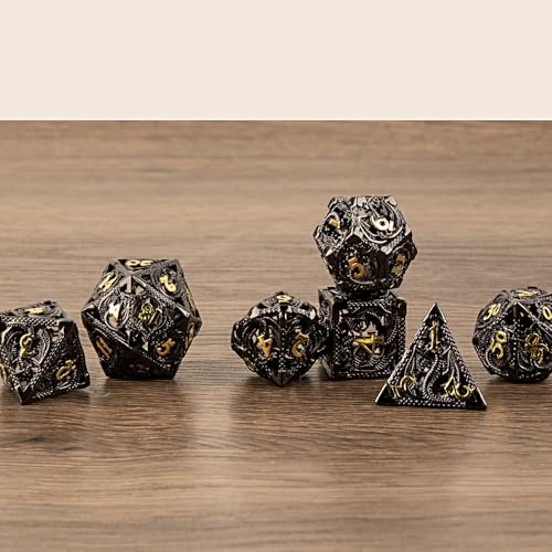 7PCS DND Dice Set, Premium Hollow Metal Polyhedral Dice with Treasure Chest & Dice Bag, Gift for Men & Women, Dungeons and Dragons, TTRPG RPG Tabletop Games (Black) - color: Black